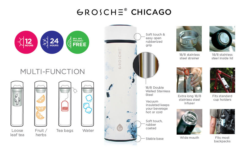 Travel Tea Infuser: Chicago- White Marble 450 Ml/15.2 Fl. Oz - Pack Of 4 - Infuser Tea Mug